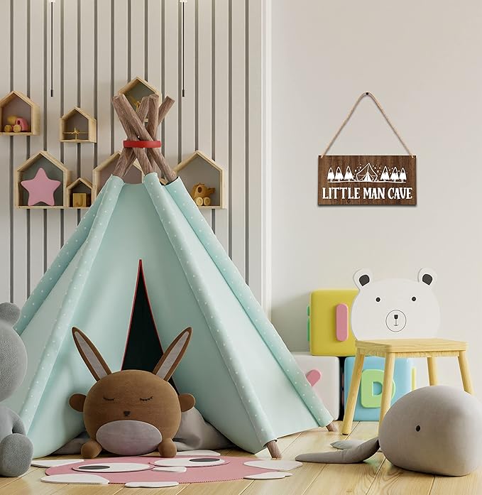 Camping Nursery Decor for Boys, 5"x10" Little Man Cave Wood Sign, Natural Baby Room Wall Decor, Woodland Playroom Decor, Gift for Baby Shower, Toddler Kids Bedroom Living Room Hanging Sign -A03