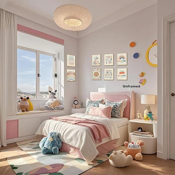Baby Alphabet Wall Art Set of 9, Boho Rainbow Canvas Posters Prints, Kids Playroom ABC Positive Affirmation Wall Decor Paintings for Kids Room Playroom Nursery Home Decor 8x10In Unframed