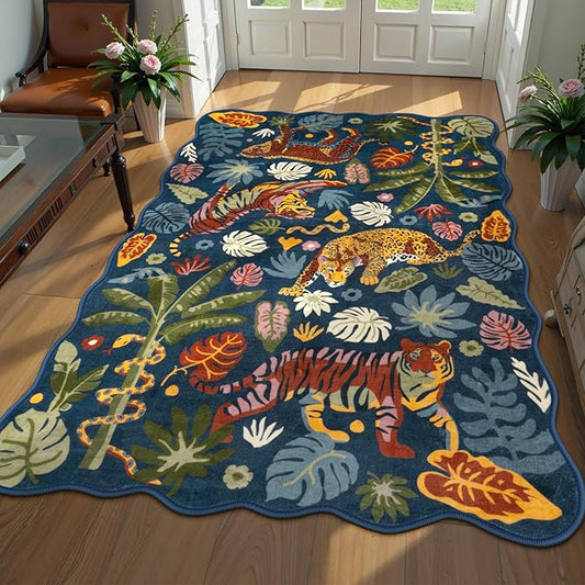 LEEVAN 5x7 Animal Area Rugs Washable Blue Tiger Living Room Rugs Non Slip Scalloped Tiger Bedroom Rug Low Pile Leopard Nursery Floor Carpet Jungle Leaf Print Kids Rug