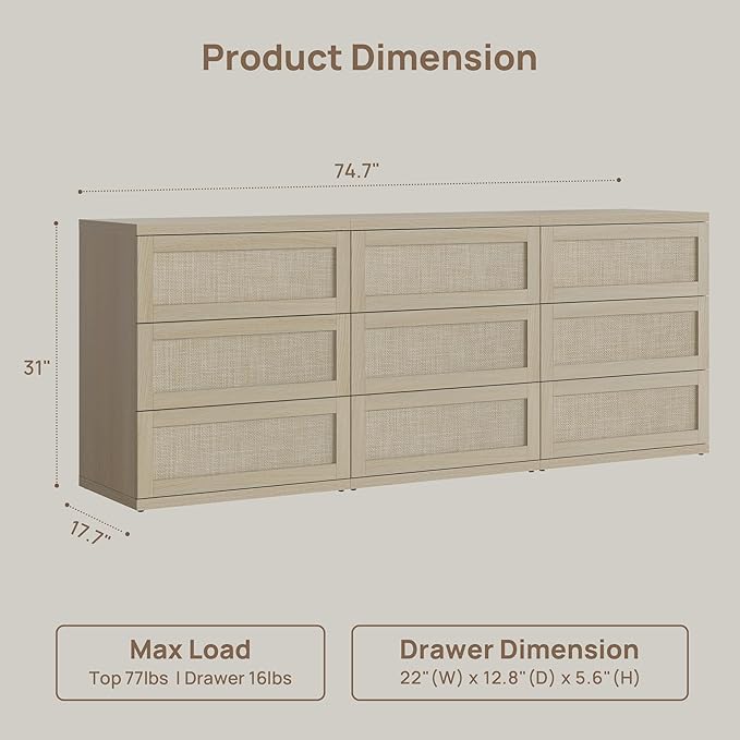 SICOTAS Dresser for Bedroom - 9 Drawer Dresser for Nursery 75" Wide Rattan Dressers & Chests of Drawers Boho Drawers for Bedroom Living Room Clothes Long Closet Storage for Closet Hallway Entryway