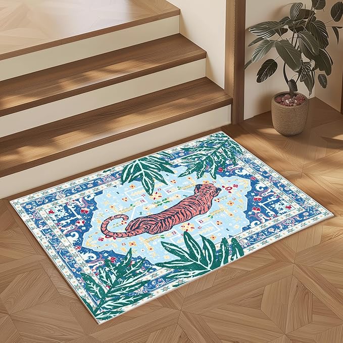 2x3 Washable Non-Slip Blue Tiger Rug for Bathroom Kitchen Entryway Whimsical Animal Cheetah Print Jungle Rug Boho Vintage Soft Cozy Tropical Woodland Small Carpet for Hallway Laundry Room
