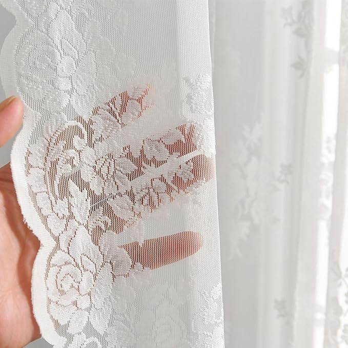 Kotile 80 Inch Long Lace Curtains 2 Panels Set, Country Rustic Leaf Floral Vintage Sheer Lace Curtains for Living Room, Rod Pocket Privacy Light Filtering Lace Window Curtains, 42 x 80 Inch, Ivory