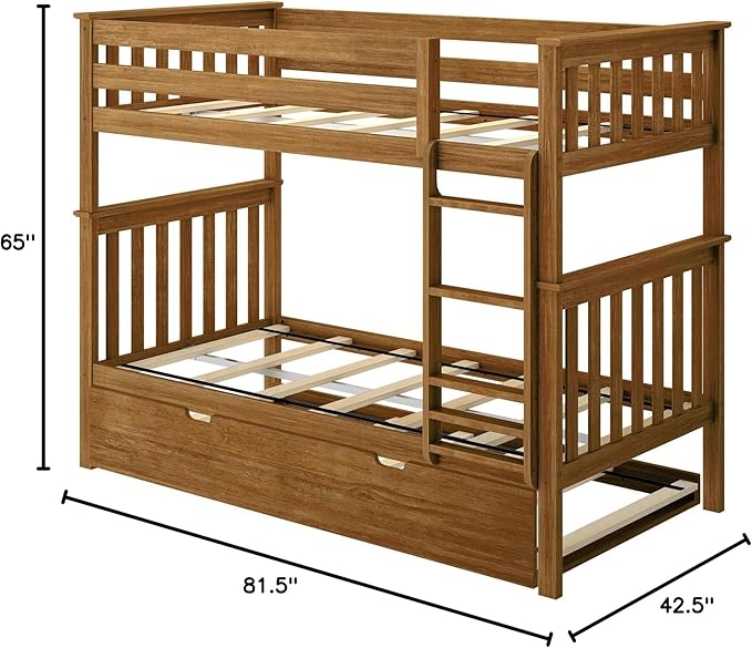 Max & Lily Bunk Bed, Twin-Over-Twin Bed Frame for Kids with Trundle, Pecan