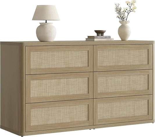 SICOTAS Dresser for Bedroom - 6 Drawer Dresser for Nursery 54" Wide Rattan Dressers & Chests of Drawers Boho Drawers for Bedroom Living Room Clothes Large Closet Storage for Closet Hallway Entryway