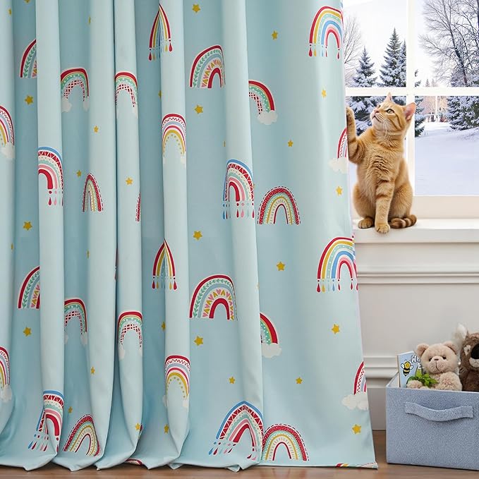 jinchan Nursery Blackout Curtains for Kids Room Rainbow Blue Curtains Cute Girls Bedroom Dorm Playroom Window Treatment Grommet Thermal Insulated Room Darkening 2 Panels 63 Inch Length