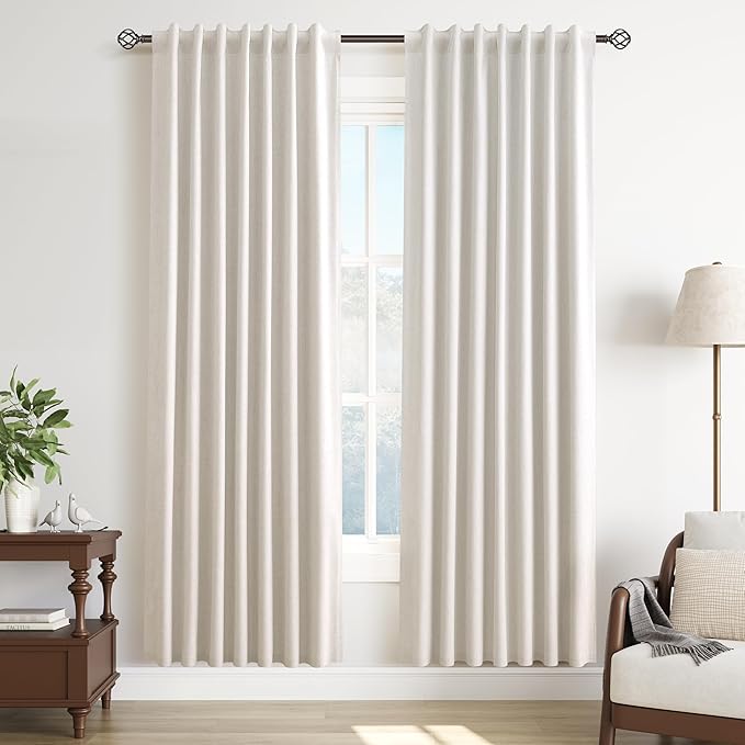 Cream Linen 100% Blackout Curtains for Bedroom 80 Inch Length 2 Panel Sets Natural Light Blocking Thermal Insulated Privacy Curtains for Dining Room Textured Beige Drapes Back Tab Hook Belt 52x80