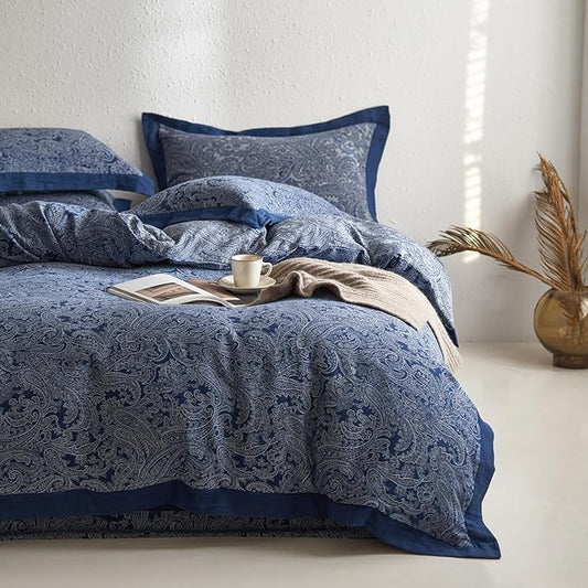 Vintage Navy Blue Duvet Cover Set King Paisley Print Duvet Cover Yarn-Dyed Cotton Jacquard Bedding Comforter Cover Boho Flower Paisley Bedding Set Farmhouse Style Breathable Duvet Cover for Men Women