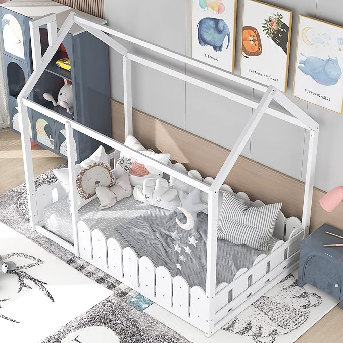 Merax Kids Wood House Bed with Fence, Fun Montessori Bed for Boys,Girls, Easy Assemble(Twin, White)