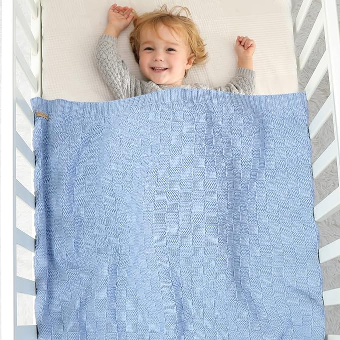 LAWKUL Baby Blanket Blue Cable Babe Blanket Checkered Knit Newborn Infants Soft Airy Receiving Swaddle Neutral Unisex 40"x30"