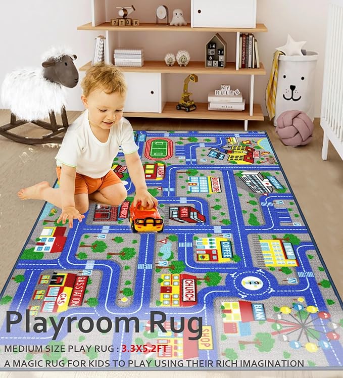 Kids Carpet Playmat Rug 5'2''x3'3'', Kids Rugs for Bedroom, Non-Slip Town City Road Map Car Rugs for Kids Toy Cars, Track Carpet Play Rug for Playroom (Blue)