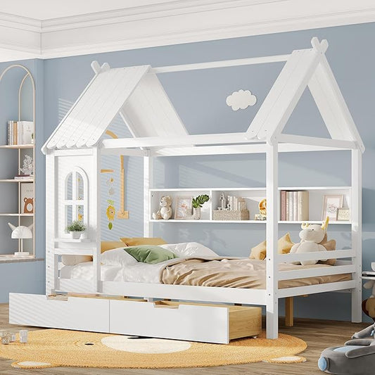 Full House Bed with Drawers and Window, Solid Wood House Platform Bed with Shelves, Full Bed Frame with House-shaped Roof for Kids, Boys, Girls, No Box Spring Needed and Childlike Design, White
