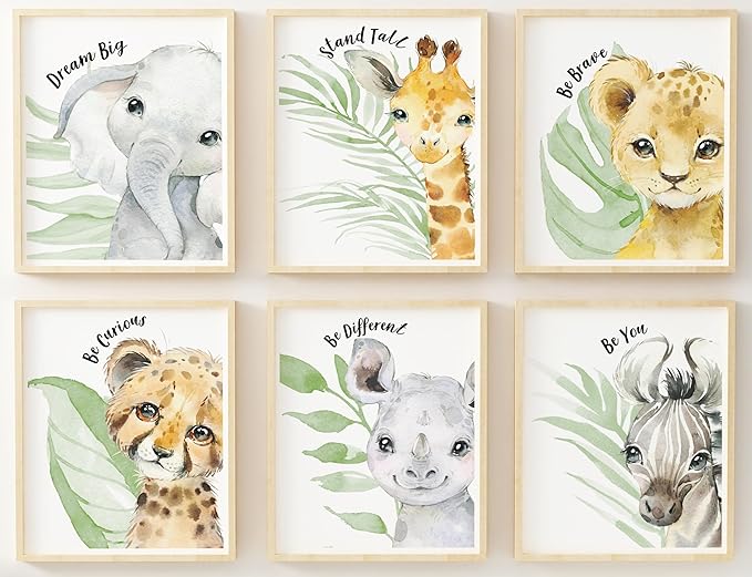 Baby Safari Animals Wall Art Prints - Nursery Decor - Set of 6-8x10 - Jungle Nursery Room Pictures for Baby Girl Boy Kids - Motivational Quotes - Watercolor - Unframed -