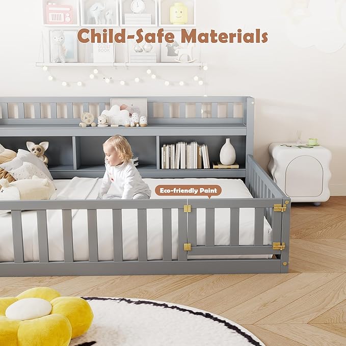 mikibama Full Size Floor Bed with Side Bookcase and Shelves, Montessori Floor Bed with Guardrails for Bedroom, Wood Full Floor Bed Frame with Storage for Girls, Boys, Grey