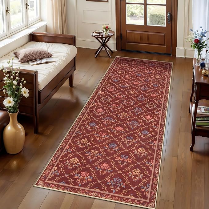 Tangsoo 2x6 Washable Runner Rug for Hallways, Non Slip Moroccan Trellis Red Floral Carpet Runner, Soft Low Pile Floor Carpet Runner for Kitchen, Laundry, Bedroom, Bathroom, Living Room Home Decor
