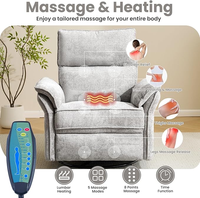 Oversized Power Recliner Chair Swivel Glider with Massage and Heat, Rocker Nursery Recliner for Adults with Adjustable Headrest, 26" Extra Wide Nursery Chair with Overstuffed Armrest,Light Grey