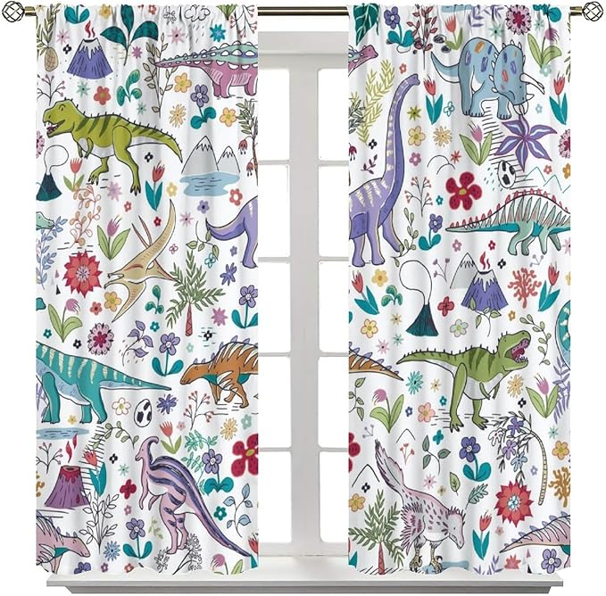 Dinosaur Curtains Cartoon Cool Funny Dino Tropical Plant Leaves Flowers Aesthetics Art Print for Kids Boys Bedroom Living Room Rod Pocket Decoration Window Drapes 2 Panels W21xL45in