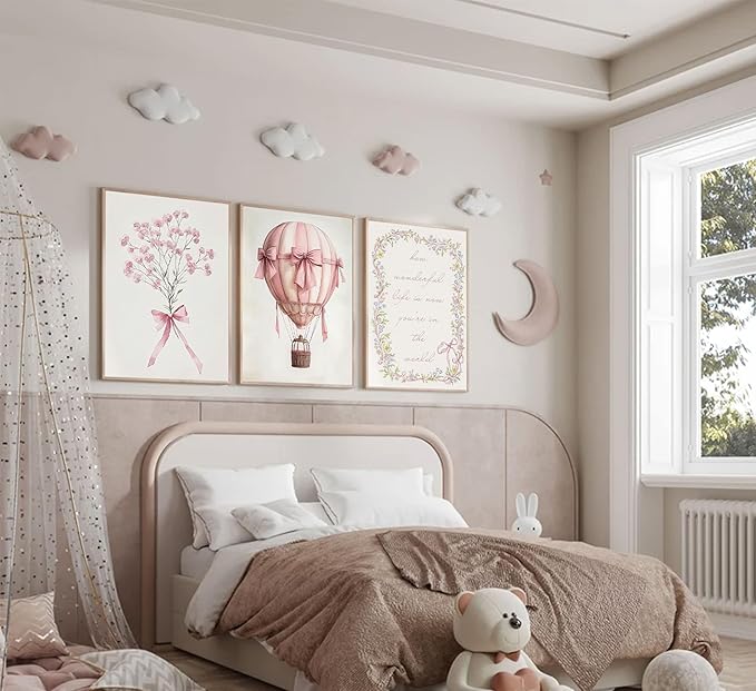 3Pcs Pink Nursery Wall Art Pictures Cute Baby Girls Room Posters Print Neutral Pink Bow Bouquet Hot Air Balloon Pastel Painting Wall Decor for Kids Room Little Girl Bedroom 12x16in Unframed