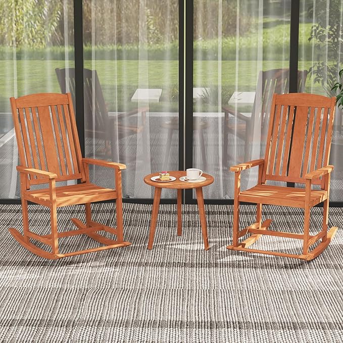 Giantex Set of 2 Outdoor Rocking Chairs, Solid Wood High Back Rocker with Slatted Seat, Wide Armrests, Oversized Porch Rocker for Patio, Backyard, Garden and Lawn, 400 LBS Weight Capacity