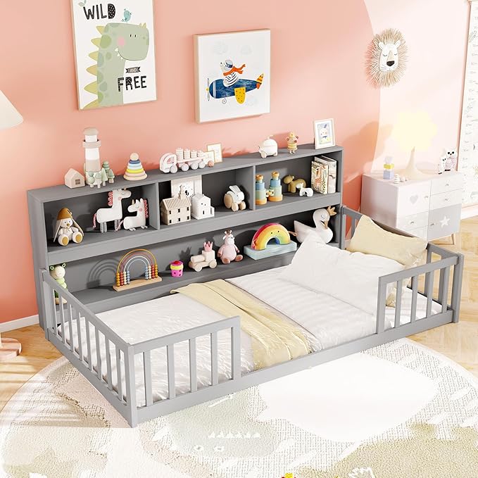 KOMFOTT Twin Floor Bed with Bookcase & Shelves, Wood Bed Frame with Bedside Bookshelves & Guardrails, Versatile 2-in-1 Montessori Floor Bed for Kids (Grey)