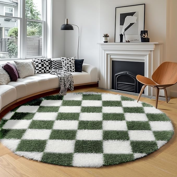 KICMOR Round Rugs 5ft Olive Green and White Circle Area Rug, Fluffy Soft Fuzzy Shag Shaggy Bedroom Living Room Carpet, Indoor Checkered Circular Rug for Kids Boys Girls Home Decor Aesthetic, Nursery