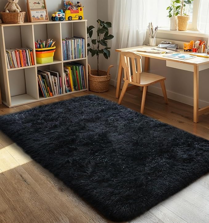Thick Area Rug Black Fluffy Shag 3x5 for Bedroom, Ultra Soft Thickened Plush Washable Carpet, Non-Slip Cozy Shaggy Fuzzy Rug for Living Room Nursery Dorm Playroom Kids Baby Room