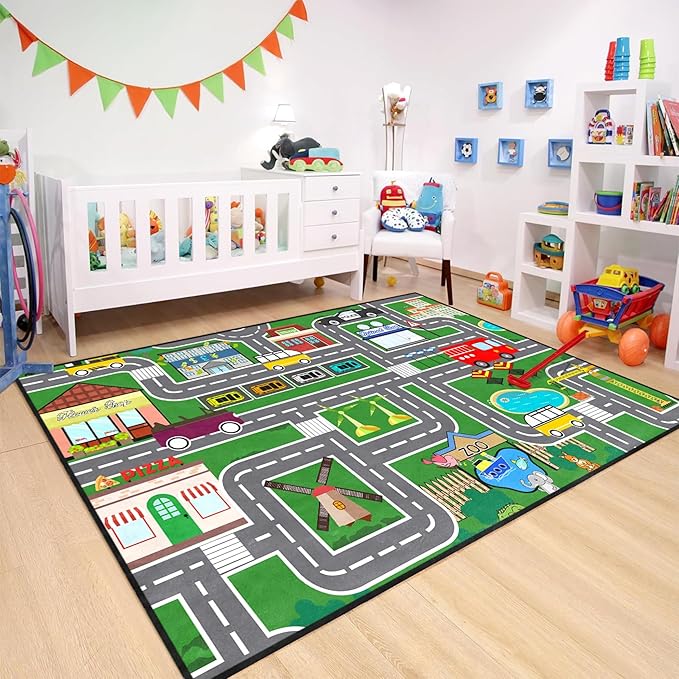 Car Rugs for Kids Toy - Car Track Carpet for Boys Road Rug for Bedroom Road Map Carpet for Kids Toy Play Mat Farm, 3x5 Feet