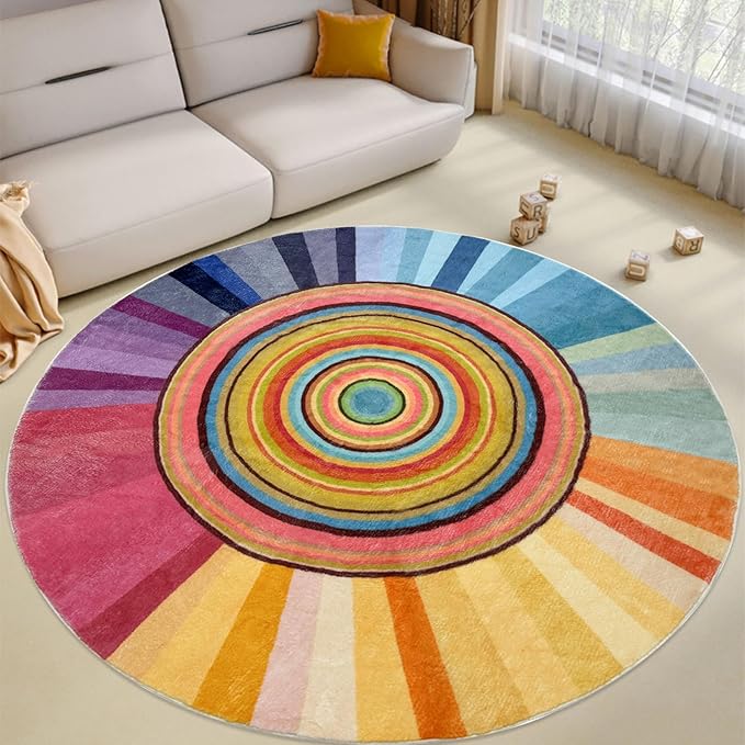 Kids Rug 6Ft Round Girls Bedroom Carpet Colorful Circle Sun Rug Rainbow Nursery Mat Modern Abstract Playroom Bedside Area Rug for Children Indoor Home Decor