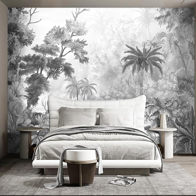 Grey Tropical Rainforest Plant wallpeper Living Room Bedroom Jungle Botanical Wall Mural - 160"x108"（Not Peel and Stick）