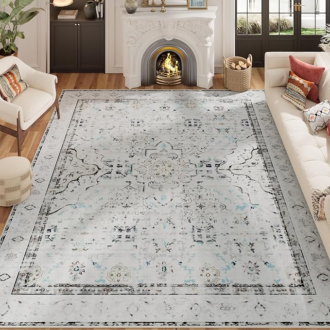 AMTOVO 6x9 Washable Area Rugs for Living Room, Non-Slip Boho Vintage Accent Medallion Print Pattern Carpet for Bedroom Dining Room Home Office Nursery Dorm Farmhouse, Light Grey