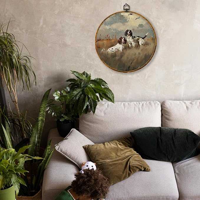 Hiuwevt Vintage Springer Spaniel Dog Round Wall Art Decor, Springer Spaniel Gifts Framed Canvas Prints, Rustic Farmhouse Round Wall Hanging Decor for Home Bedroom Living Room Decorations, 10x10 Inches