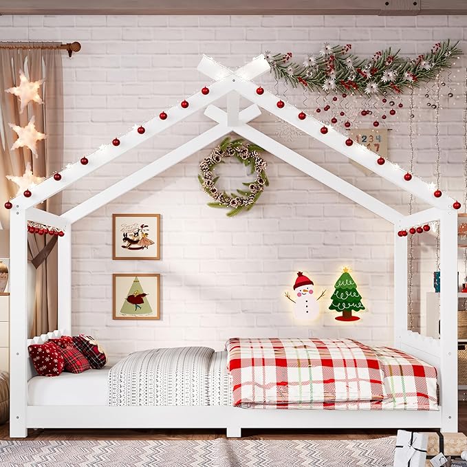 Full Size Wooden House Floor Bed - Kids Bed Frame with Roof & Support Slats for Bedroom, No Box Spring Needed, Easy Assembly (White)