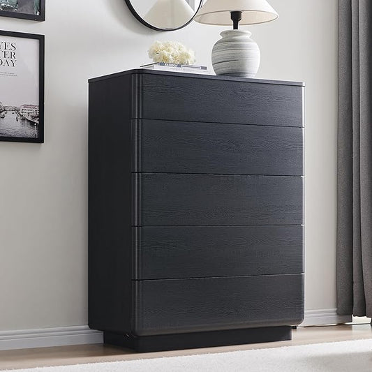 ACCOHOHO Modern 5 Drawer Dresser for Bedroom, 42" Tall Wooden Dressers with Large Storage,Handleless Chest of Drawers for Living Room & Hallway, Curved Profile Design, Black