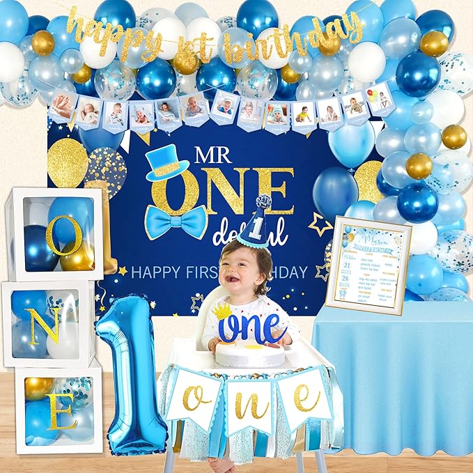 Baby Boy 1st Birthday Decorations, 1st Birthday Boy Decorations, Baby First Bday Party Supplies, Balloon Boxes, Backdrop, High Chair Banner, Crown, Photo Banner, Balloon Garland for One Year Old