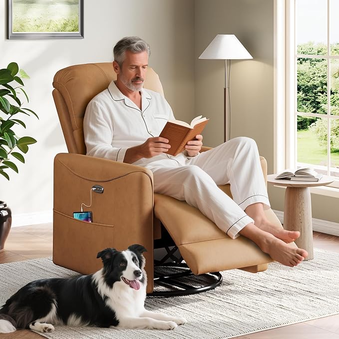 Power Swivel Rocker Recliner, 360° Swivel Nursery Rocking Chair, PU Leather Glider Rocking Recliner, Infinite Position Electric Chair for Adults with USB Port for Living Room, Amber Yellow