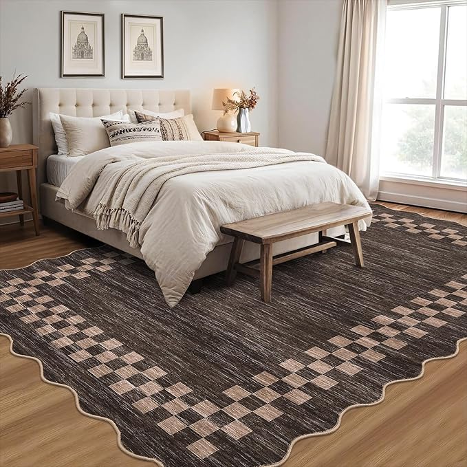 GarveeHome Scalloped Washable Rug 9x12 Area Rug for Living Room Modern Border Large Bedroom Throw Carpet with Rubber Backing Stain Resistant Boho Rug for Dining Room Home Decor Office, Brown
