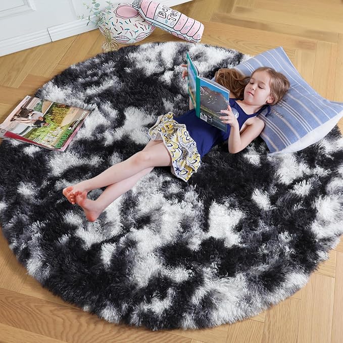 Amdrebio Black White Grey Round Rug 5Ft Circle Area Rugs for Living Room Bedroom, Fluffy Fuzzy Shaggy Furry Rugs for Kids Room Dorm Home Office, Shag Plush Floor Modern Cool Carpet for Men Teen Boys