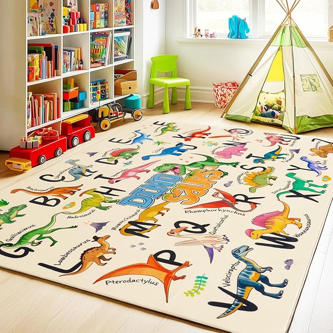 Kids Rugs for Playroom, 5x7 Feet Educational Rug for Learn The ABC Alphabet, Soft Machine Washable Non-Slip Cute Dinosaur Carpet for Classroom Toddler Nursery Kids Room Decor Mat, Beige
