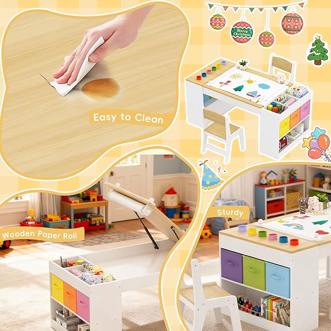 Kids Art Table and 2 Chairs Set, Wooden Craft Desk with 2 Storage Shelves, 6 Storage Bins & Paper Roll for Drawing, Learning and Reading, Toddler Activity Play Desk for Home, 47 L x23 W
