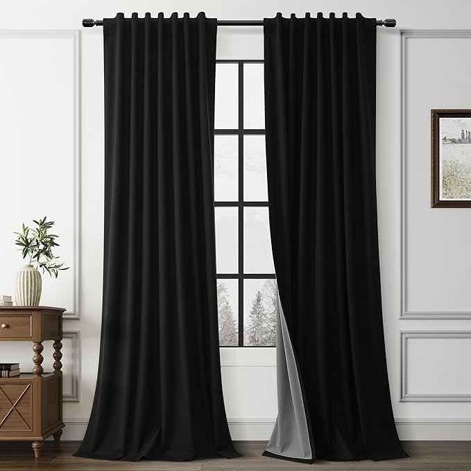 Guken Black Linen 100% Blackout Curtains for Bedroom 84 Inch Length 2 Panels Back Tab Hook Belt Light Blocking Thermal Insulated Noise Cancelling Linen Textured Living Room Dining Room 52x84 7Ft