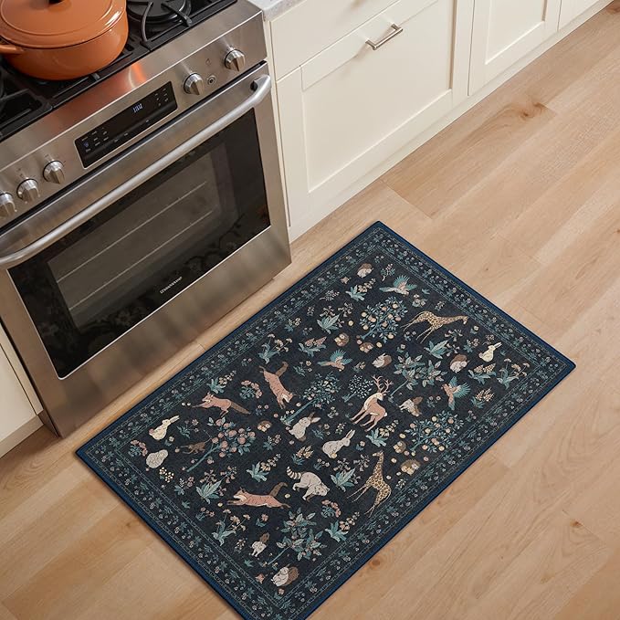 Door Mat Indoor Entrance 2x3 Floral Animal Print Rug Machine Washable Rug, Non Slip Low Pile Throw Indoor Doormat for Entryway, Front Door, Nursery, Black