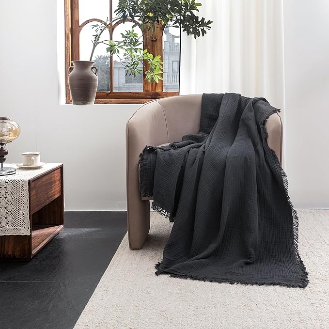 FOSSA Muslin Blanket with Fringe - 4-Layer 100% Cotton Gauze Super Soft & Breathable Throw -Lightweight Decorative Cooling Blanket for Bed, Sofa, Office -Throw XL Size 70" x 50" (Dark Gray)