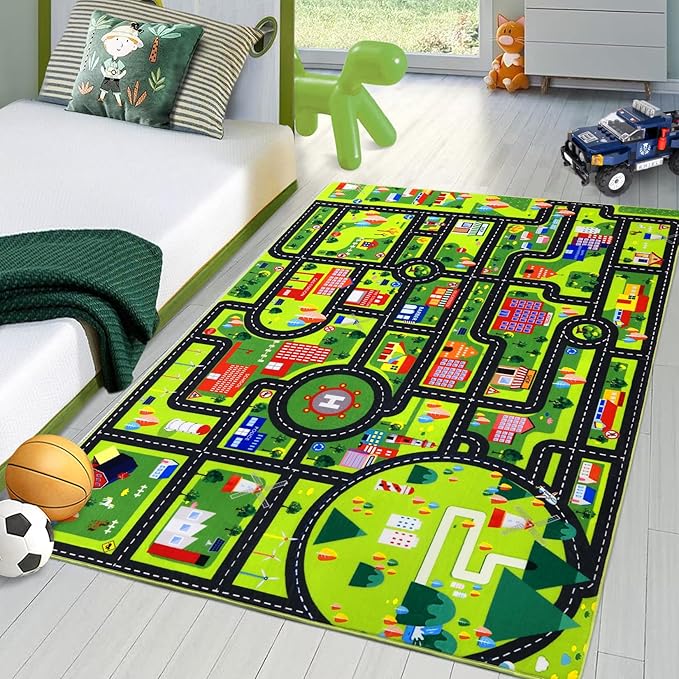 Kids Rug 3x5 Non Slip Exercise Baby Fun Rug City Play Mat Carpet for Kids Toddler City Traffic Road Map Ultra-Soft Educational Street Carpet Mat for Bedroom Playroom Nursery Black