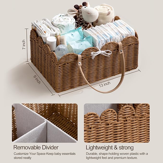 HBlife Baby Diaper Caddy Organizer, Washable Waterproof, Large Portable Scalloped Wicker Woven Basket with Divider, Nursery Diaper Station, Baby Shower Gifts Basket - Newborn Essentials, Car Organizer