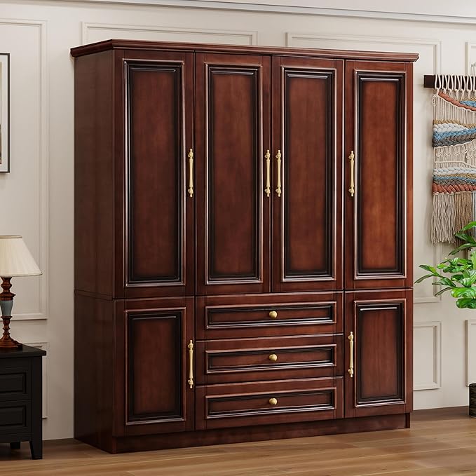 Solid Wood Armoire:Large Wardrobe Closet with Drawers and Hanging Rod,Storage Cabinet Clothes Organizer for Bedroom Cherry Finish