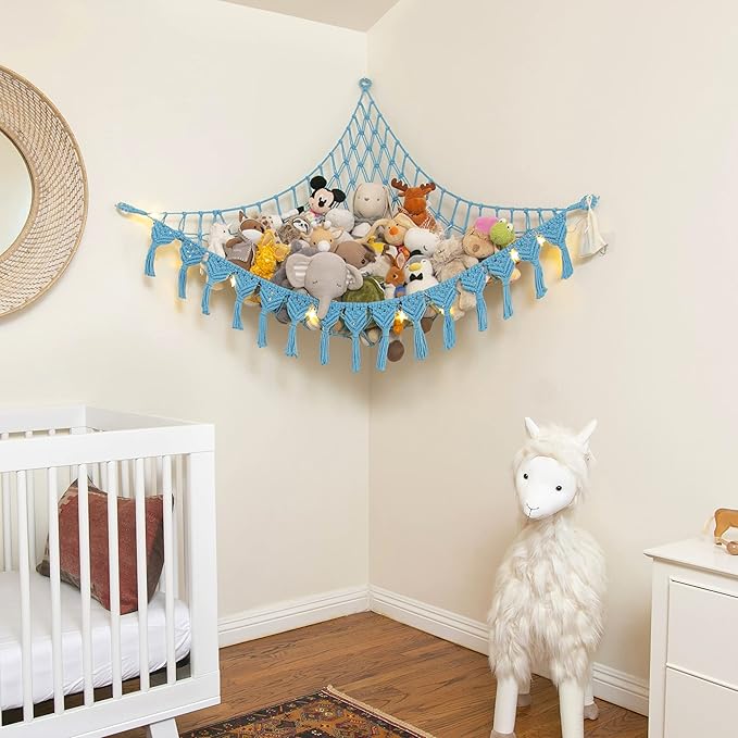 Extra Large Stuffed Animal Storage Hammock Corner with LED Lights – 25LB Capacity Hanging Toy Net for Small or Large Plushies, Boho Macrame Squishmallow, Plush Net, Blue