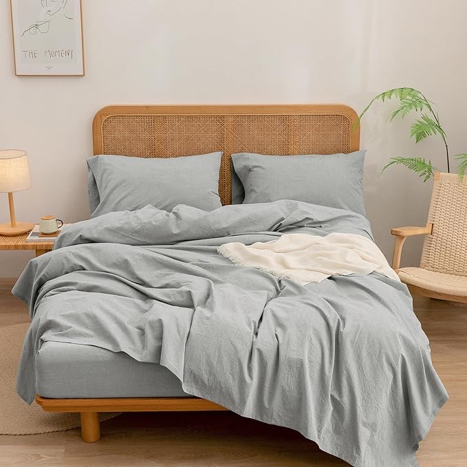 BESTOUCH Sheet Set 100% Washed Cotton Linen Feel Super Soft Comfortable Chic Lightweight 4 Pcs Home Bedding Set Solid Light Grey Queen