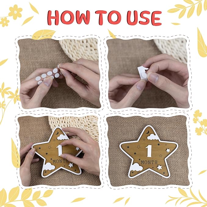 Wooden 3D Baby Monthly Milestone Cards Monthly Milestone Discs Newborn Photography Props Baby Announcement Sign Baby (Star)
