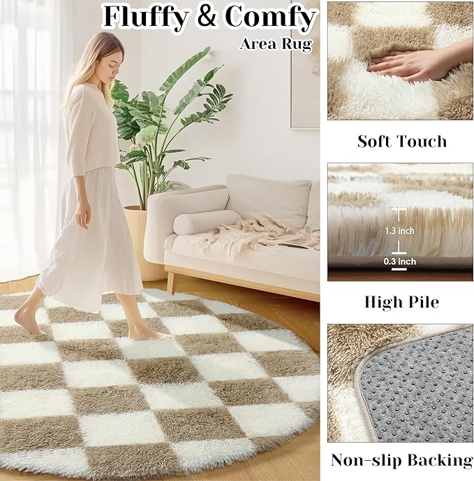 KICMOR Round Rugs for Bedroom, 4ft Fluffy Soft Circle Area Rug Beige and Cream White Checkered Shag Shaggy Carpet Small Living Room Circular Rug for Kids Boys Girls Dorm Nursery Home Decor Aesthetic