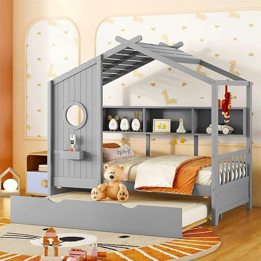 Twin Size House Bed with Roof and Window for Kids, Wooden Playhouse Bed with Storage Shelves and Trundle for Bedroom Furniture Girls & Boys (Grey/T1)