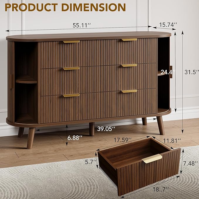 Fluted 6 Drawers Dresser, 55'' Wide Mid Century Modern Chest of Drawers with Sliding Door & Metal Handles, Curved Profile & Sturdy Legs, Wood TV Stand for Bedroom, Living Room (Walnut)